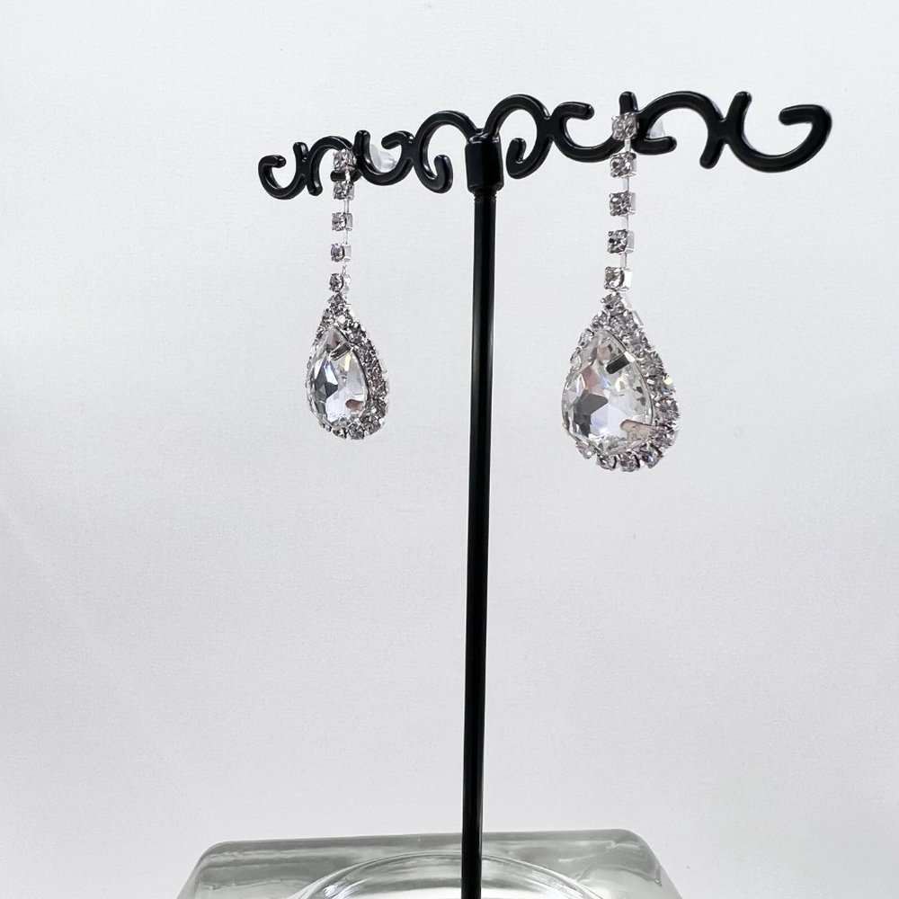 Clear Jeweled Costume Drop Teardrop Shiny Silver Tone Post Earrings - Picture 2 of 6